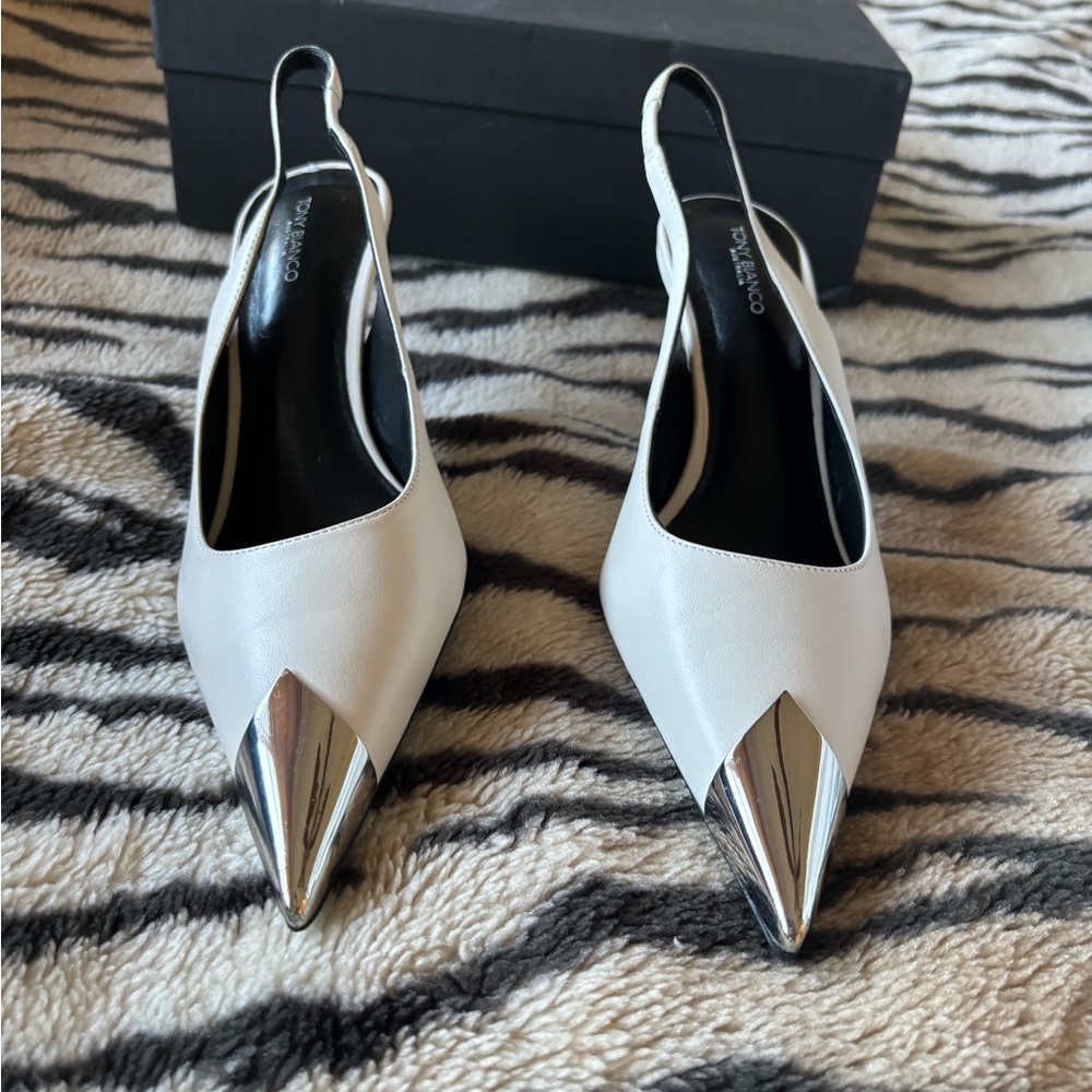 Tony Bianco White and Silver Pointed Slingback Heels